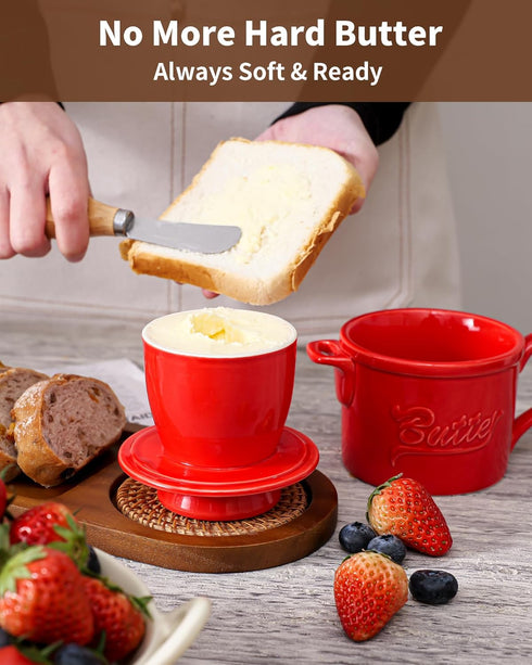 Mavolico Countertop, Butter Dish with Lid, French Ceramic Butter Crock with Water Line for Keeps Butter Spreadable