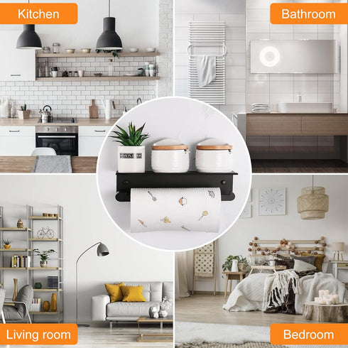 Paper Towel Holder Wall Mount for Kitchen, Self-Adhesive Paper Towel Holder with Shelf for Bathroom, Anti-Rust