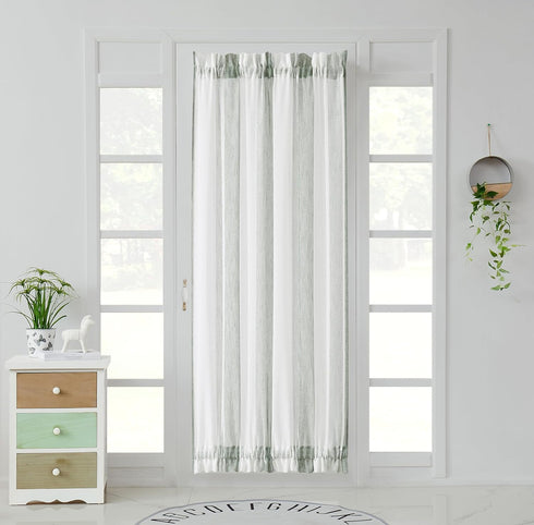 Central Park Sage White Stripe French Door Curtain Panels, 50"x72"x2 Boucle Linen Texture Sheer Drapes with Tieback