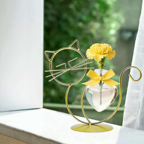 LEAHPENG Cat-7.4inch) Desktop Glass Planter Vase Holder, Metal Stand Creative Cat Plant Terrarium for Hydroponics