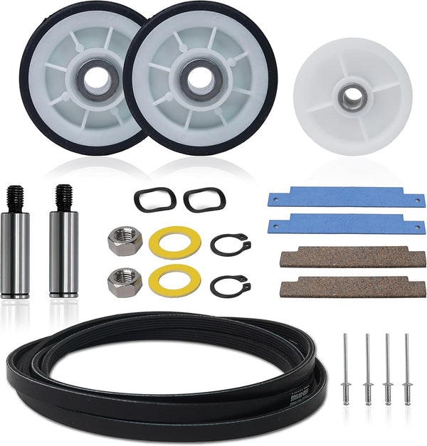 Dryer Repair Kit for Maytag Neptune 3000 Series: Drum Rollers, Belt, Idler Pulley, 12001541, 303373K, W10116741