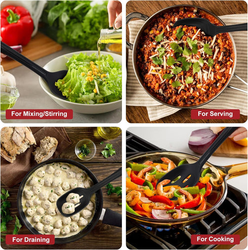 Silicone Cooking Spoon Set - Premium Non-Stick Solid and Slotted Spoon Pack of 2 for Mixing, Serving, Stirring