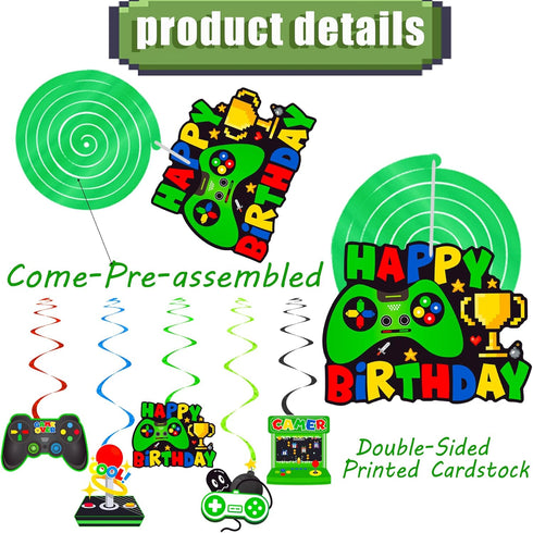 umoni Green 20Pcs Video Game Hanging Swirls Birthday Party Decorations, Gaming Ceiling Streamers for Game On Party