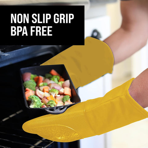 BPA-Free Soft Silicone Oven Mitts, Ultra Heat Resistant with Thick Cotton Liner, Long Slip Resistant Pot Holders