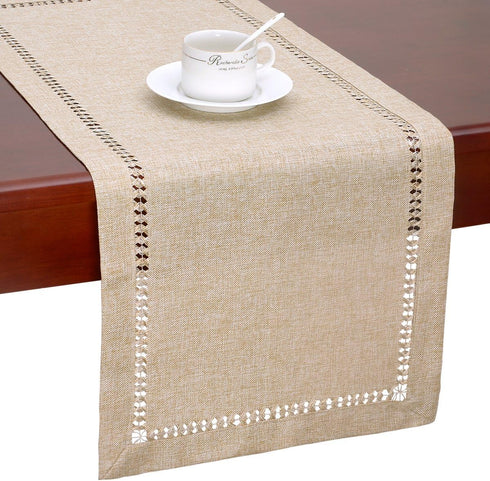 Grelucgo Large Handmade Hemstitch Beige Table Runner, Rectangular 14 by 108 Inch