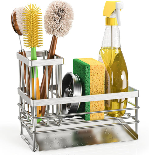 Cisily Sink Caddy Sponge Holder for Kitchen with Brush Holder and Stainless Steel Self Drain Tray, Rustproof Kitchen