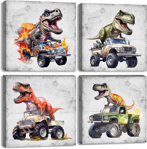 Retro Dinosaur Wall Art Dinosaur Room Decor for Boys Vintage Funny Car