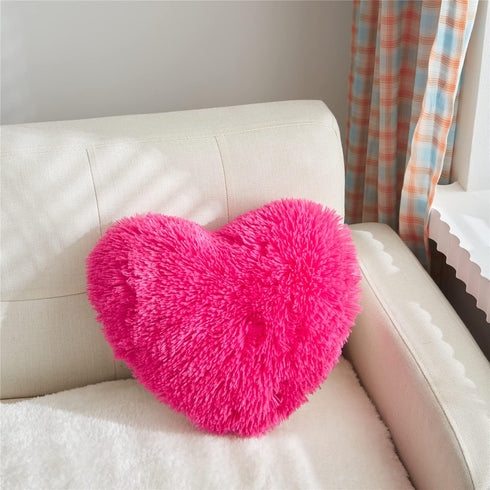 MOOWOO Fluffy Faux Fur Heart Throw Pillow, Solid Color, Sherpa Plush, Hot Pink Love Pillow for Valentine's & Mother's