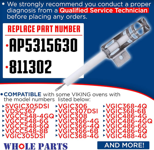 Whole Parts Bake Ignition Electrode Part # PB040170, Replacement for Some Viking Ovens, Non-OEM Parts, 2 Yr Warranty