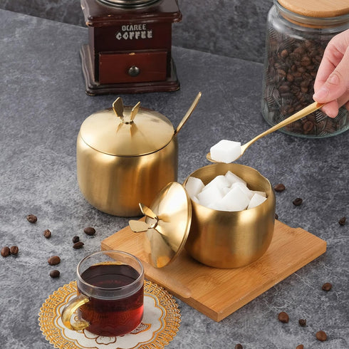 RAMFIYN 2 Pack 12oz Sugar Bowl with Lid and Spoon Stainless Steel Condiment Container for Kitchen Ghee Container Coffee
