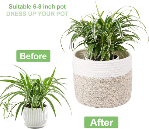 Woven Cotton Rope Plant Basket for 8" Flower Pot - Small Storage Organizer (H7.5 x W8.5)