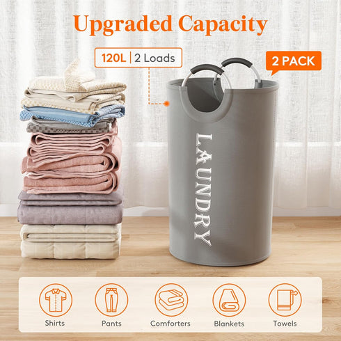 Lifewit 120L Large Laundry Basket, 2-Pack, Collapsible Hamper with Aluminum Handles, Waterproof for Laundry Room