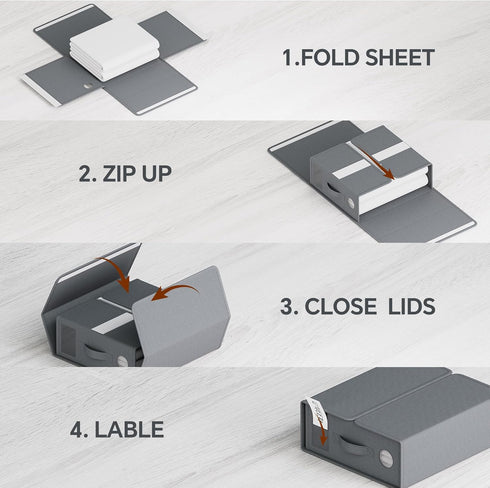 TRZZ 4-Pack Sheet Organizers and Storage, Foldable Fabric Storage Bins for Bed Sheets, Queen/King Size (Grey), 15"
