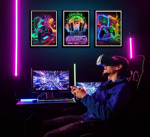 NBYARTQ 3Pcs Cool Gaming Wall Art - Retro Video Gamer Watercolor Posters, Colorful Neon Canvas Prints for Boys Room