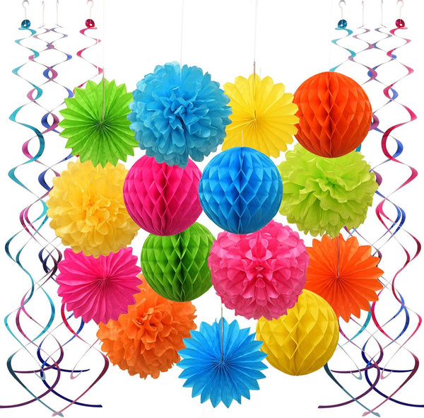 Colorful Paper Party Decorations - Tissue Paper Flowers & Pom Poms with Swirl Streamers - Premium Hanging Décor for