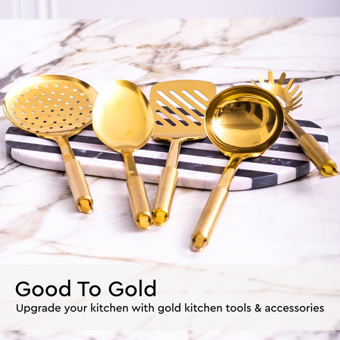Gold Cooking Utensils Set - 5 PC Stainless Steel Kitchen Tools for Modern Cooking & Serving - Dishwasher Safe