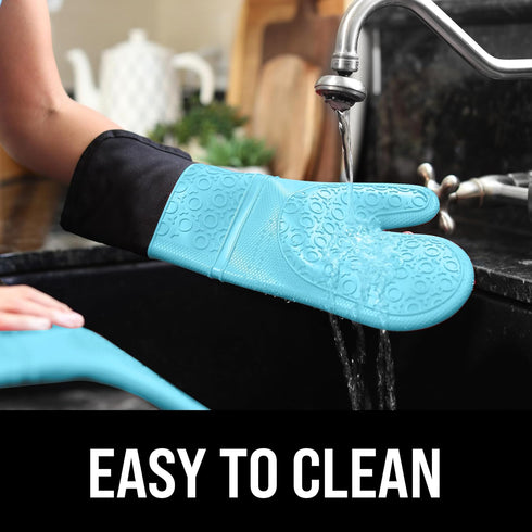 Extra Long Professional Silicone Oven Mitt, Heat Resistant Pot Holders, Flexible Gloves, Aqua, 1 Pair