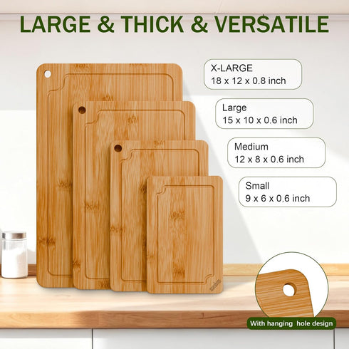 4-Piece Set Bamboo Cutting Boards for Kitchen, Wood Cutting Board with Juice Grooves & Built-in Handles, Easy Storage