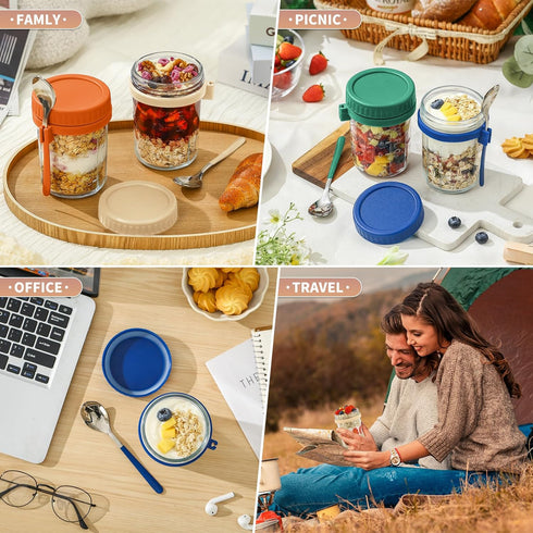 4 Pack 16 Oz DRKIO Glass Overnight Oats Containers with Lids and Spoons Mason Jars for Overnight Oats Jars Leak Proof