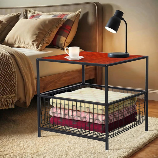 Nouva End Table, 20 Inch Square Side Table w/Mesh Storage Basket, 2-Tier Nightstand