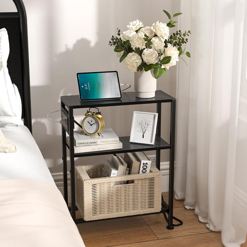 Small Narrow Side Table with Charging Station, Skinny End Table for Small Spaces, Slim Nightstand with Outlets, Sofa