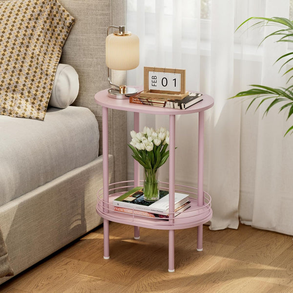 Small Modern Oval Side Table with Storage,2-Tier Side Tables Living Room,Sturdy Nightstand