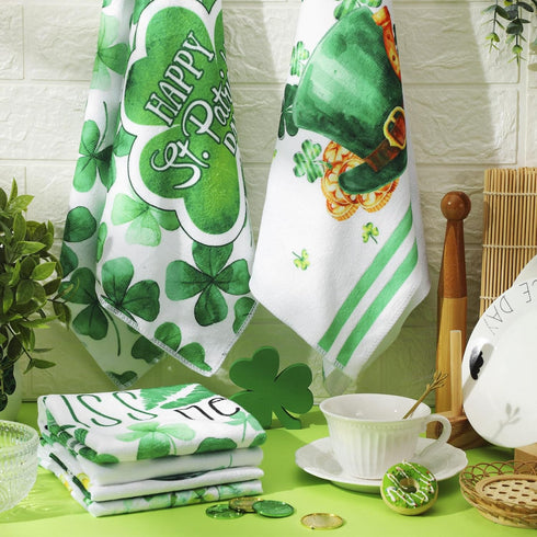 Zubebe 6 Pcs St. Patrick's Day Kitchen Towel Irish Lucky Shamrock Watercolor Gnome Dish Towels
