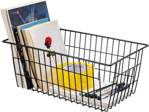 iPEGTOP Wire Freezer Storage Baskets, Set of 2 Farmhouse Bins with Handles for Kitchen Cabinets, Pantry, Black