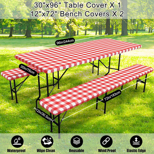 8 30"x96") Smiry Picnic Table Cover with Bench Covers, Waterproof Elastic Fitted Tablecloths for Foot Rectangle Tables