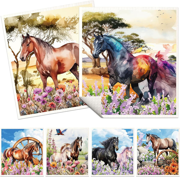 Horses Swedish Dishcloths for Kitchen, 6 Pack Farmhouse Absorbent Dish Cloths for