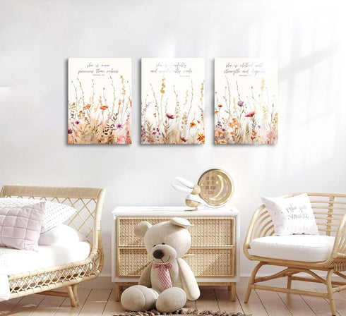 3Pcs MALEDO Christian Nursery Canvas Wall Art Bible Verse Floral Pictures Wall Decor Boho Wildflower Nursery Posters