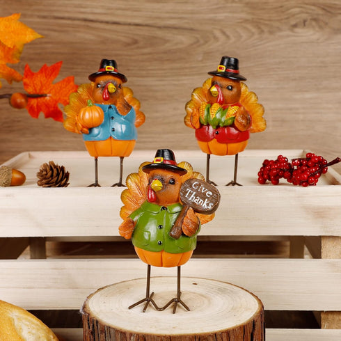 FORUP Thanksgiving Turkey Tabletop Centerpiece Decor, Set of 3 Resin Turkey Friends Decoration for Autumn Harvest
