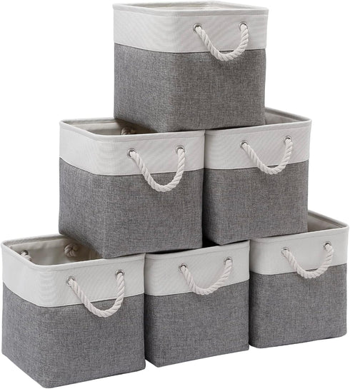 Cube Storage Bins, 11 Inch Collapsible Fabric Storage Bin with Handles, Foldable Storage Cubes (White/Gray, 6 Pack)