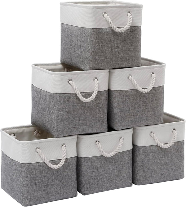 Cube Storage Bins, 11 Inch Collapsible Fabric Storage Bin with Handles, Foldable Storage Cubes (White/Gray, 6 Pack)
