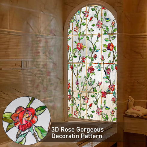 Windimiley 3D Rose Stained Glass Window Privacy Film, Non Adhesive Flower Window Tint for Bathroom (16.9 x 39.4 in)