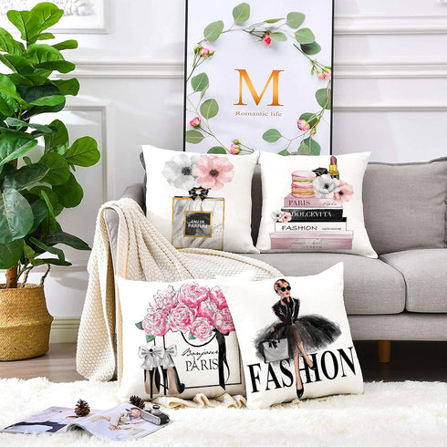 Set of 4 Pink Throw Pillow Covers 18x18 – Cute Decorative Pillow Covers with Pink Flower, Gold Perfume, Lipstick, Soft