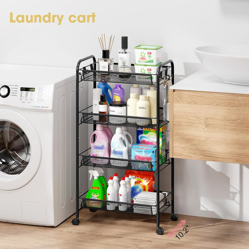 4-Tier 3 TOOLF Rolling Cart, Metal Utility Cart with Hooks, Easy Assemble Mobile Storage Trolley On Wheels, Metal