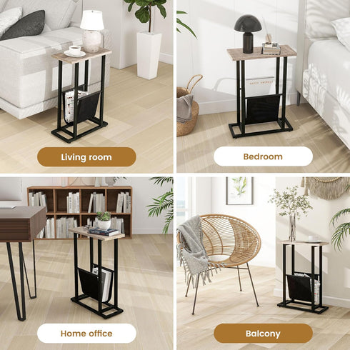FLYJOE Narrow Side Table with PU Leather Magazine Holder Rustic Slim Little Thin Table for Living Room, Bedroom, Sofa