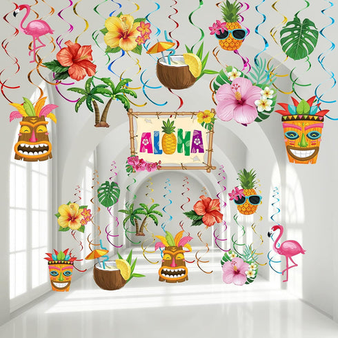 Outus 30 Pieces Hawaiian Luau Birthday Party Hanging Swirl Decorations, Tropical Palm Flamingo Foil Ceiling Decor