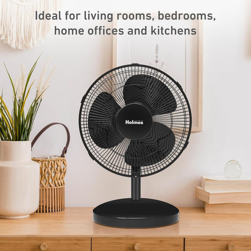 HOLMES 12" Table Fan, 75° Oscillation, 3 Speeds, 15° Adjustable Head Tilt, Ideal for Home, Bedroom or Office, Black by HOLMES