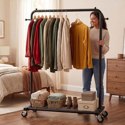 39.76" 16" 64.56" Sywhitta Clothing Rack on Wheels with Mesh Storage Shelf & Sturdy Metal Frame, Rolling Garment Rack