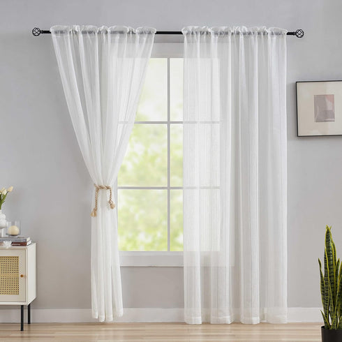 Home Brilliant Striped White Sheer Curtains, 84 Inches Long, Lace Voile Window Treatment, 2 Panels, 54" X 84"