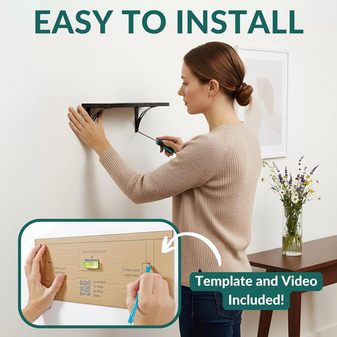Reinforced Steel Bracket Black Shelves for Bathroom Wall - Easy to Install, Template and Video Included - Black Shelf