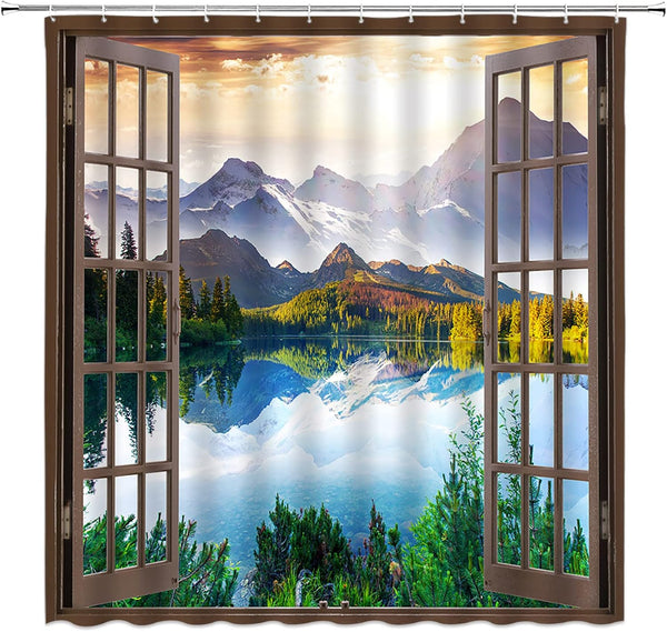 AMFD Mountain Shower Curtain, 70" W x 70" H, Nature Lake Forest Scenery, Wilderness Landscape Fabric Bathroom Decor Set
