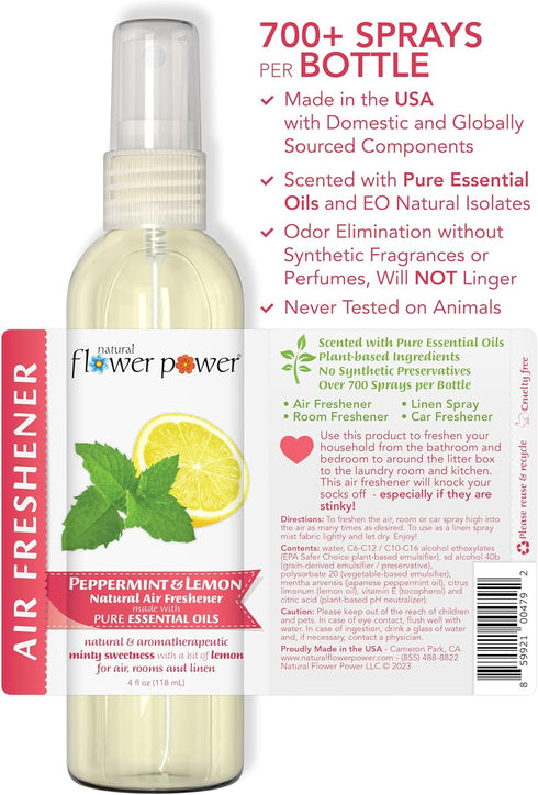 Peppermint & Lemon Air Freshener Spray, 4 Fl Oz, Pack of 2, Plant-Based Odor Eliminator, Cruelty-Free Room Spray