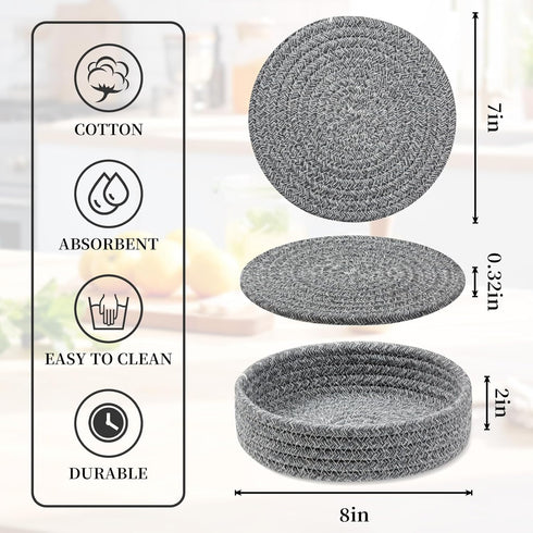 Trivets for Hot Dishes, 4 Pcs Cotton Coasters and Storage Basket, Pot Holders for Kitchen, Hot Pads for Table (Grey)
