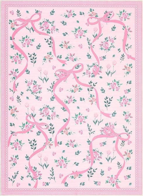 4x6 GarveeHome Coquette Pink Bow Rugs for Bedroom Girls, Rug for Living Room with Soft Low Pile, Floral Washable Area