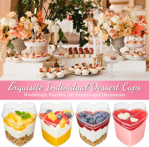 50 Pack 5 oz TOFLEN Heart Shaped Dessert Cups with Lids and Spoons, Mini Plastic Shooter Cups for Parfait, Pudding