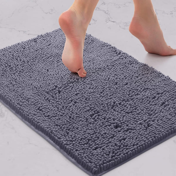LuxUrux Bath Mat, Extra-Soft Plush Non-Slip Bathroom Rug, 17 x 24 inches, Dark Gray Chenille Microfiber