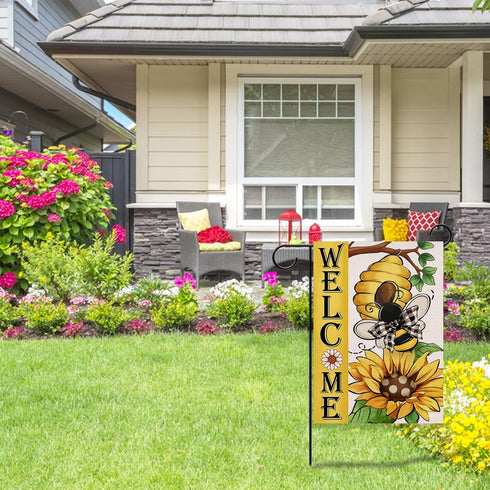 Welcome Spring Summer Bumble Bee Sunflower Garden Flag, Double Sided Outdoor Decorations with Buffalo Plaid Bow